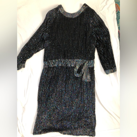 Vtg Black beading and sequin silk holiday, wedding guest formal dress, NYE - Picture 3 of 10